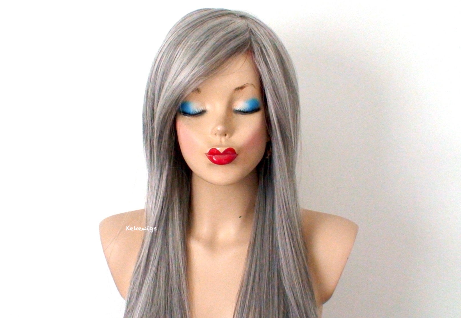 28" Salt Pepper Gray Long Straight Layered Hair with Long Side Bangs Wig