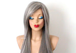 Load image into Gallery viewer, 28&quot; Salt Pepper Gray Long Straight Layered Hair with Long Side Bangs Wig
