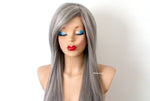 Load image into Gallery viewer, 28&quot; Salt Pepper Gray Long Straight Layered Hair with Long Side Bangs Wig
