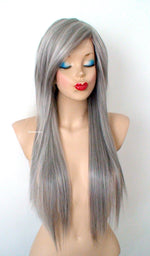 Load image into Gallery viewer, 28&quot; Salt Pepper Gray Long Straight Layered Hair with Long Side Bangs Wig
