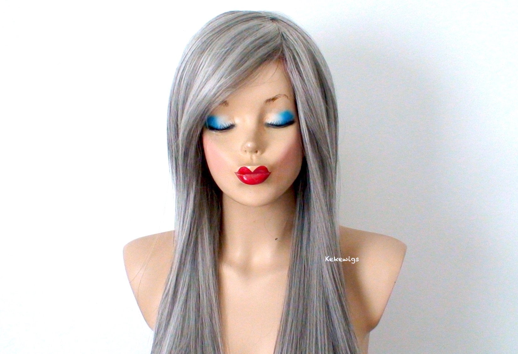 28" Salt Pepper Gray Long Straight Layered Hair with Long Side Bangs Wig