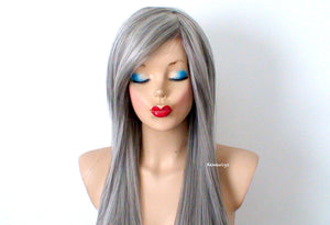 28" Salt Pepper Gray Long Straight Layered Hair with Long Side Bangs Wig