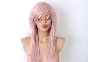 28" Antique Pink Long Straight Hair Long Side Bangs Wig. Scene Wig. Emo Wig.