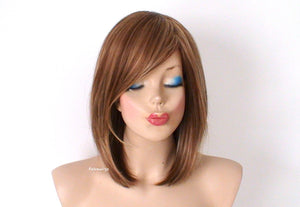 16" Brown Blonde Short Straight Hair Side Bangs Wig