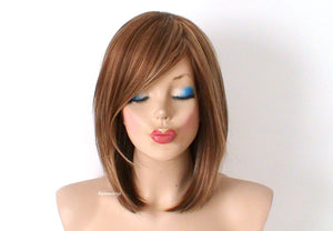 16" Brown Blonde Short Straight Hair Side Bangs Wig