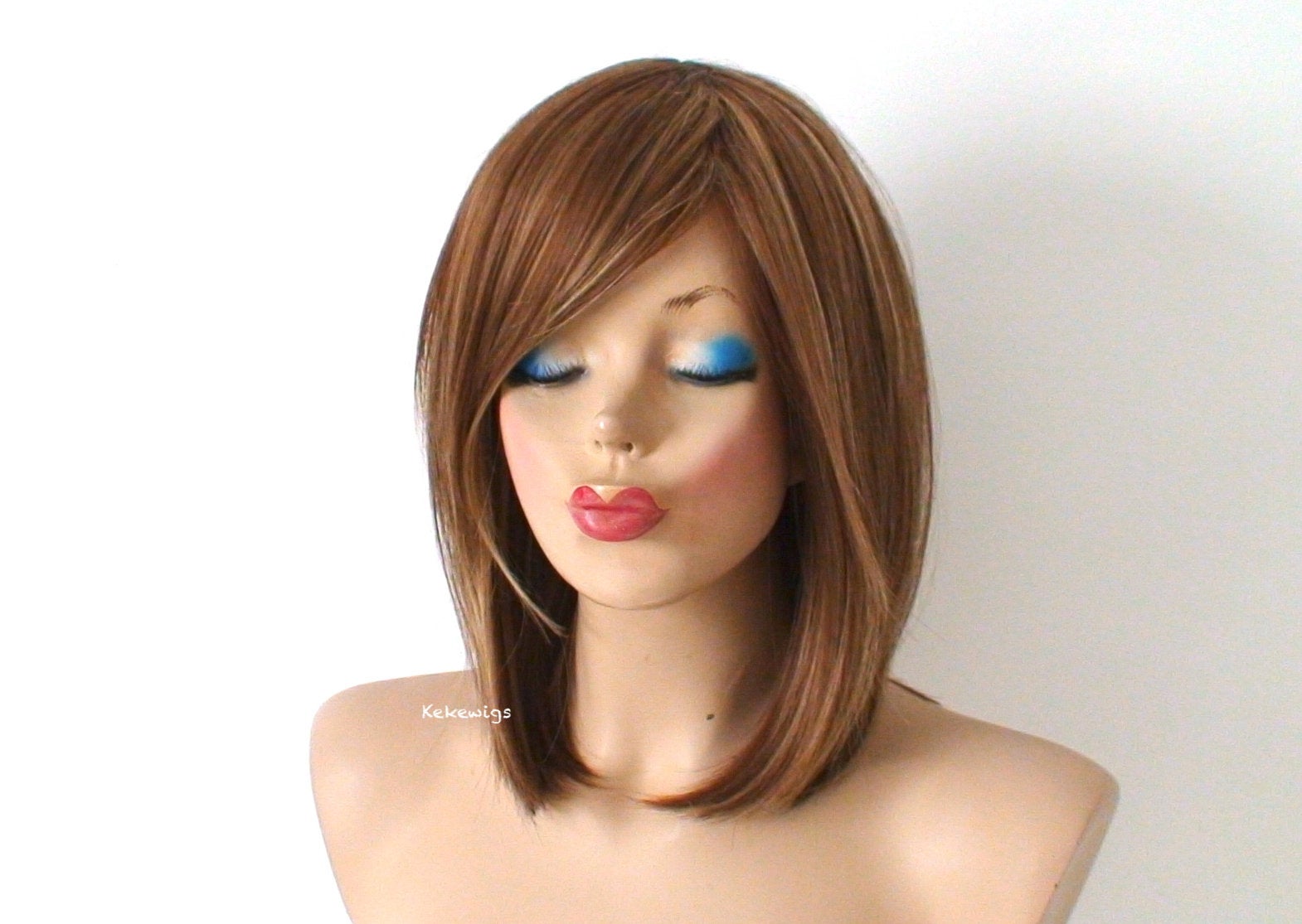 16" Brown Blonde Short Straight Hair Side Bangs Wig