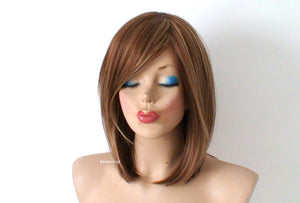 16" Brown Blonde Short Straight Hair Side Bangs Wig