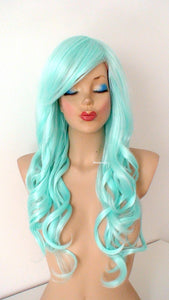 26" Pastel Mint Long Curly Hair Long Side Bangs Wig