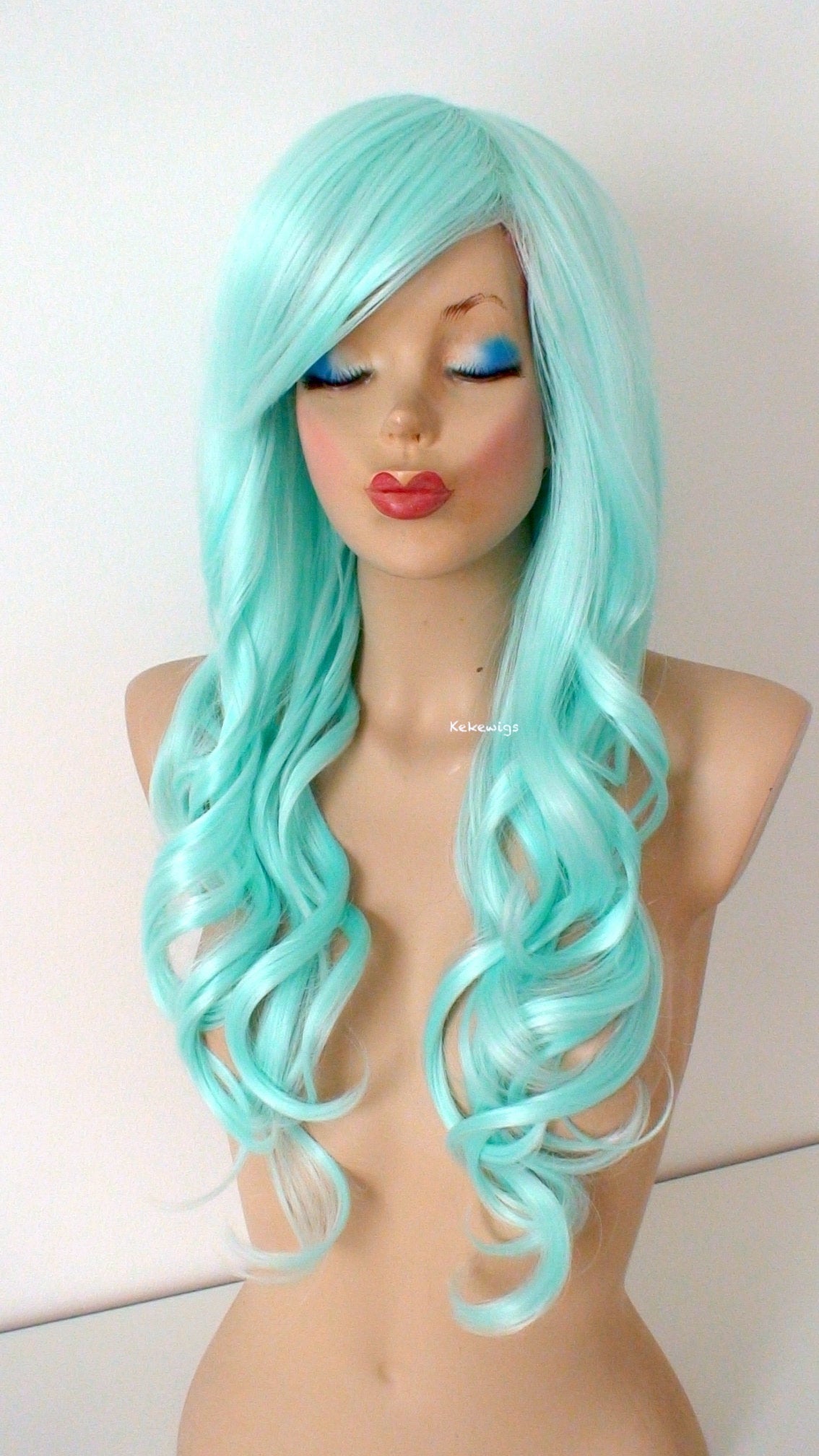 26" Pastel Mint Long Curly Hair Long Side Bangs Wig