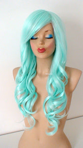 26" Pastel Mint Long Curly Hair Long Side Bangs Wig