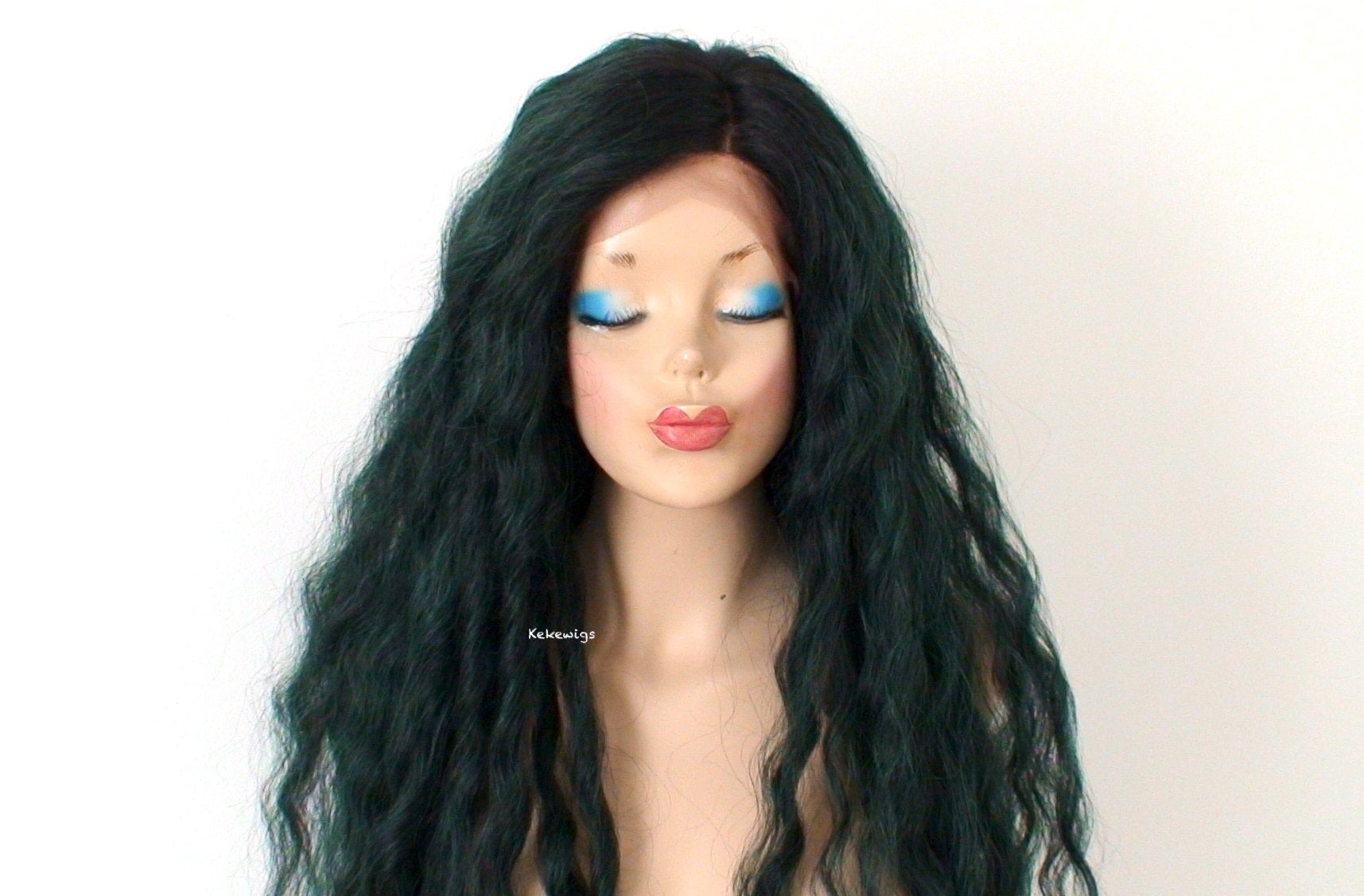 30" Lace front Deep Forest Green Dark Roots Beach Wave Hairstyle Wig