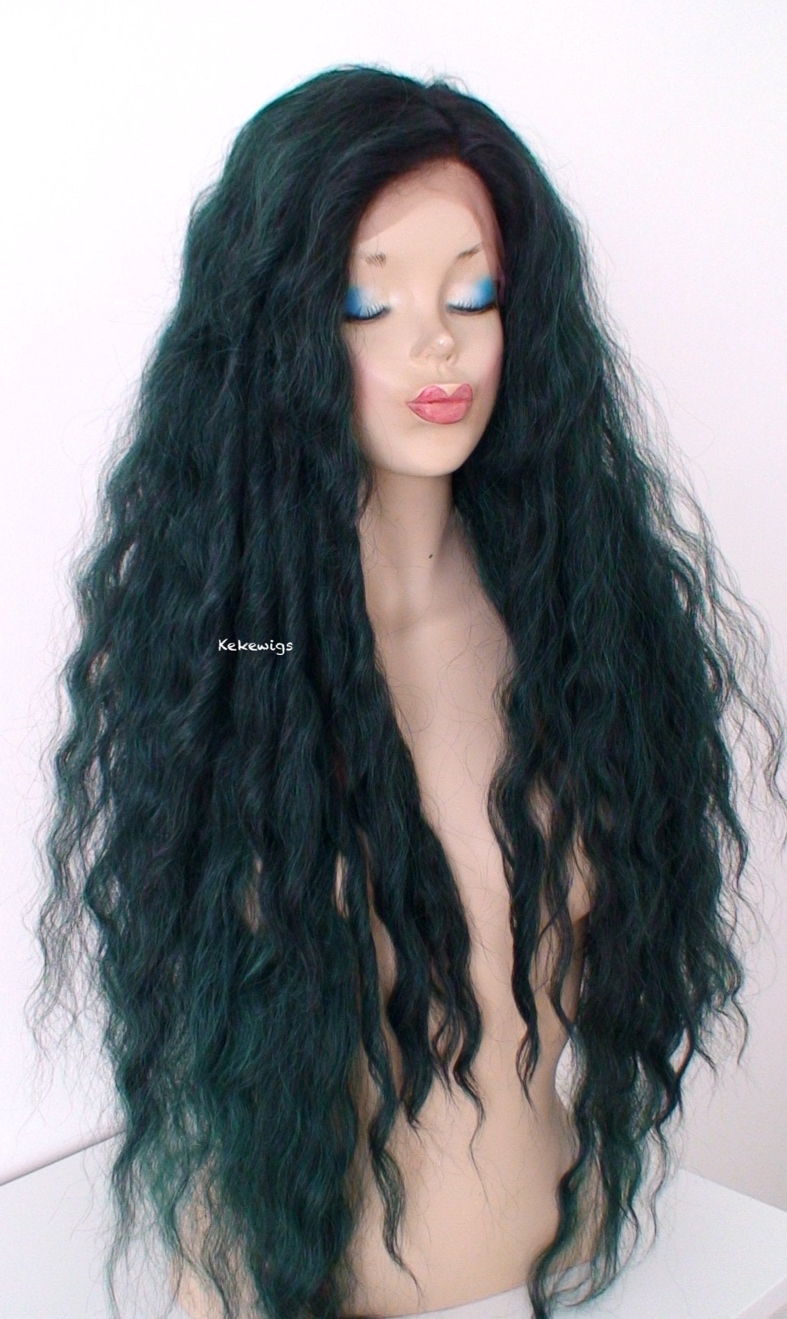 30" Lace front Deep Forest Green Dark Roots Beach Wave Hairstyle Wig