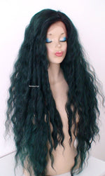 Load image into Gallery viewer, 30&quot; Lace front Deep Forest Green Dark Roots Beach Wave Hairstyle Wig
