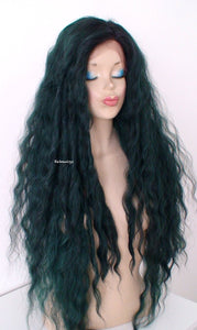 30" Lace front Deep Forest Green Dark Roots Beach Wave Hairstyle Wig