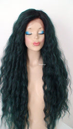 Load image into Gallery viewer, 30&quot; Lace front Deep Forest Green Dark Roots Beach Wave Hairstyle Wig
