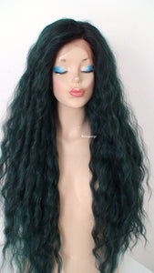 30" Lace front Deep Forest Green Dark Roots Beach Wave Hairstyle Wig