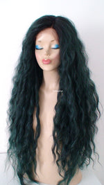 Load image into Gallery viewer, 30&quot; Lace front Deep Forest Green Dark Roots Beach Wave Hairstyle Wig
