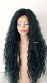 Load image into Gallery viewer, 30&quot; Lace front Deep Forest Green Dark Roots Beach Wave Hairstyle Wig
