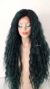 30" Lace front Deep Forest Green Dark Roots Beach Wave Hairstyle Wig