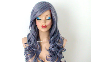 26" Blue Gray Long Curly Hair Long Side Bangs Wig.