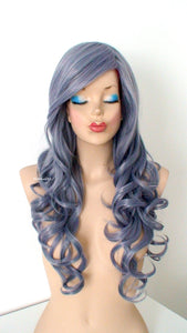 26" Blue Gray Long Curly Hair Long Side Bangs Wig.