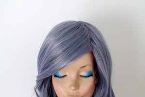 26" Blue Gray Long Curly Hair Long Side Bangs Wig.