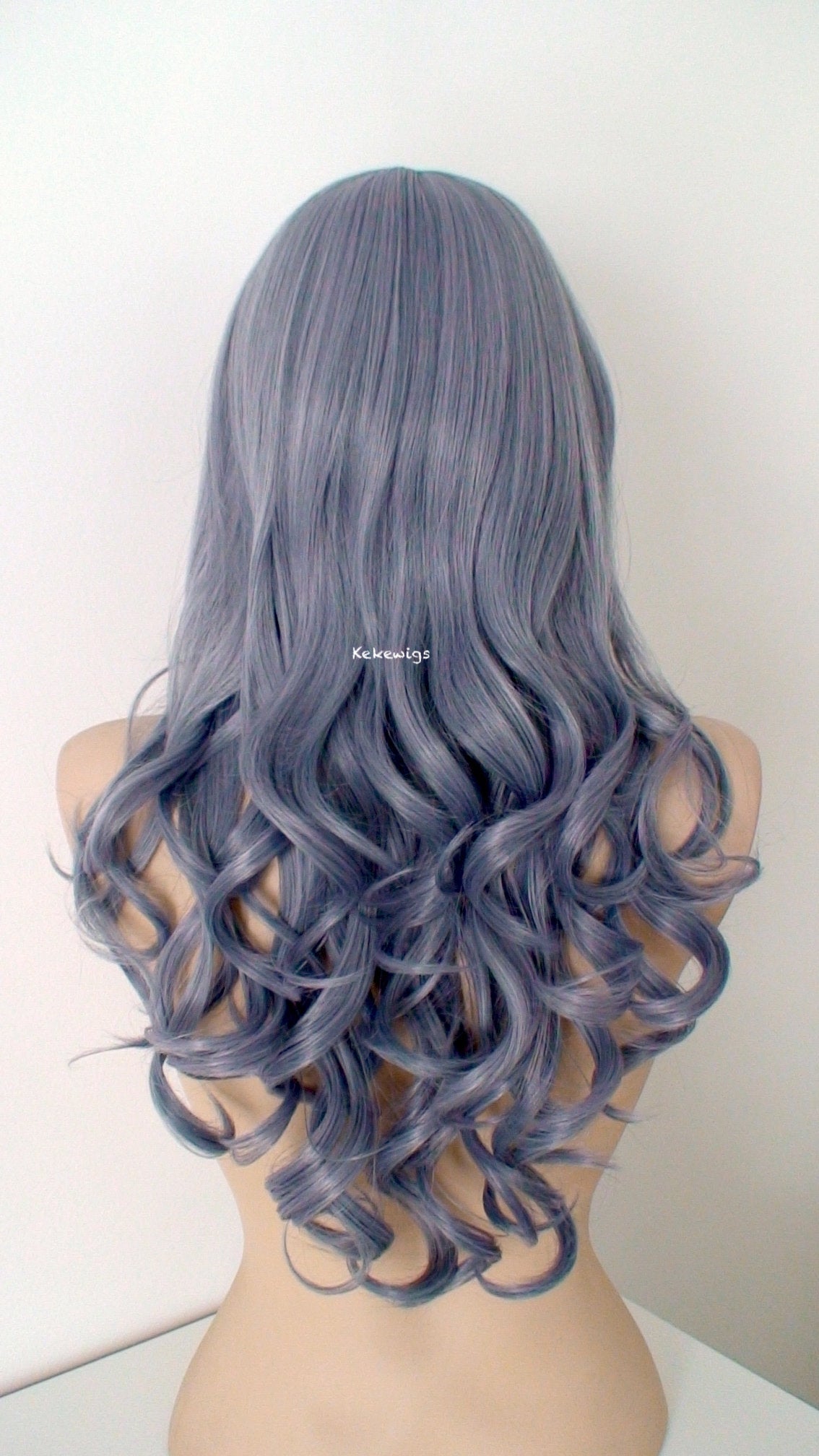 26" Blue Gray Long Curly Hair Long Side Bangs Wig.