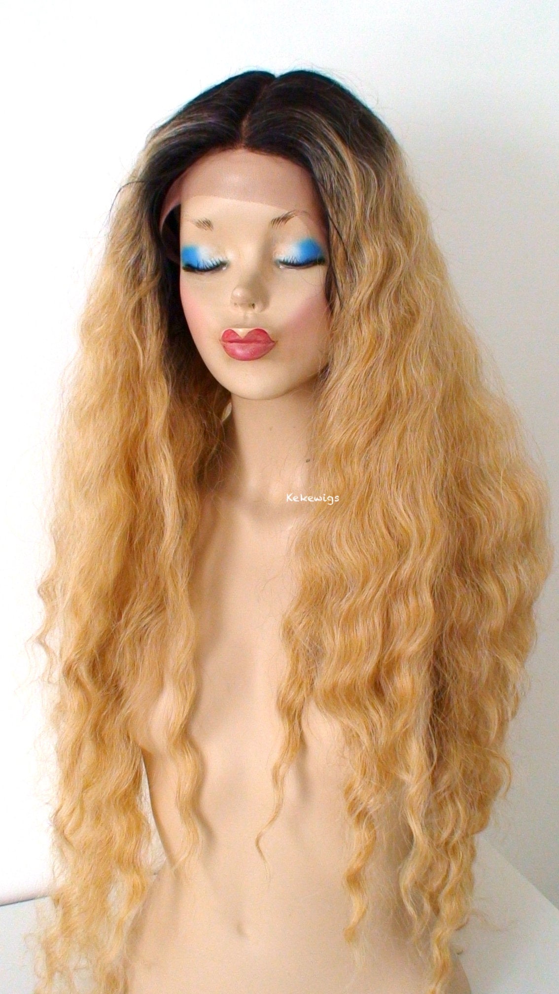 30" Lace Font Golden Blonde Dark Roots Long Wavy Hair Wig