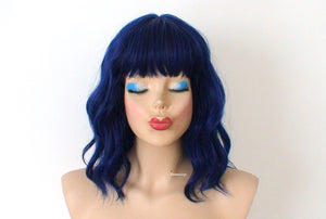 16" Black Blue Short Wavy Hair with Bangs Wig