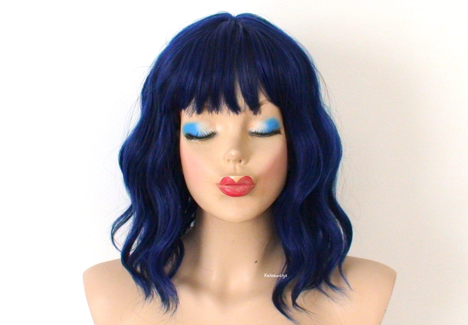 16" Black Blue Short Wavy Hair with Bangs Wig