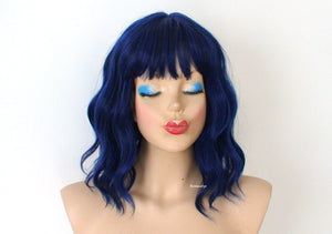 16" Black Blue Short Wavy Hair with Bangs Wig