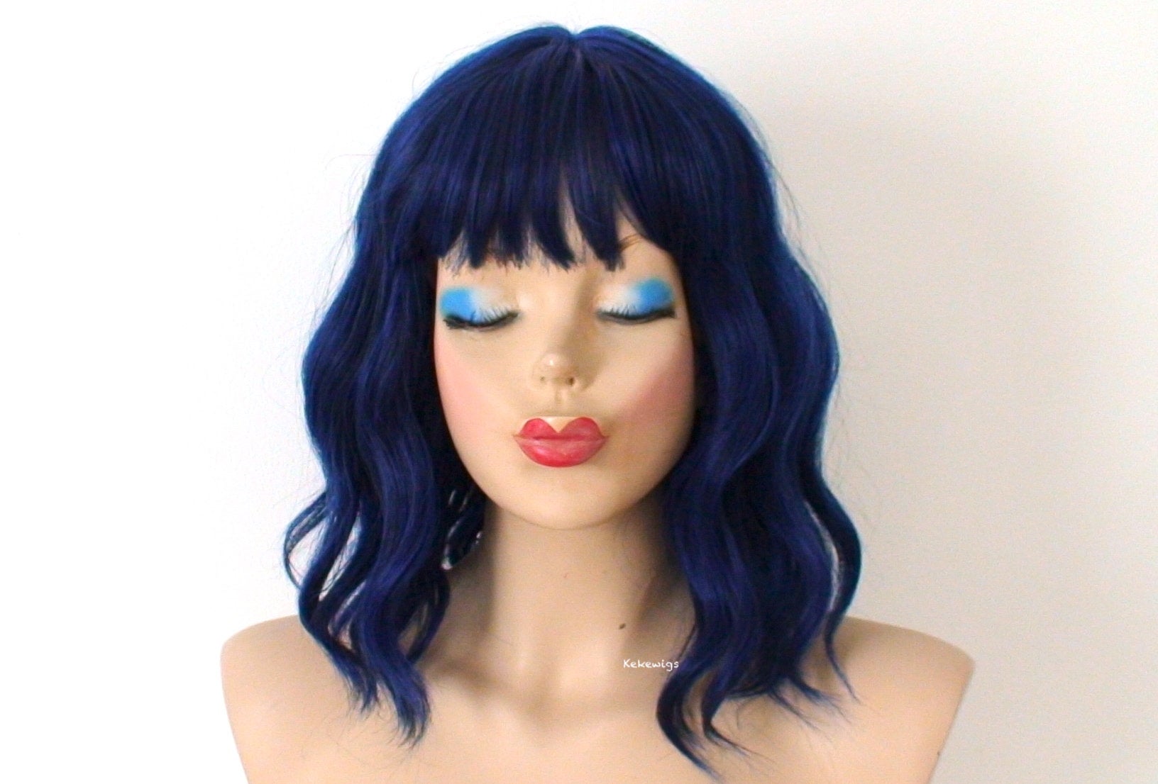 16" Black Blue Short Wavy Hair with Bangs Wig