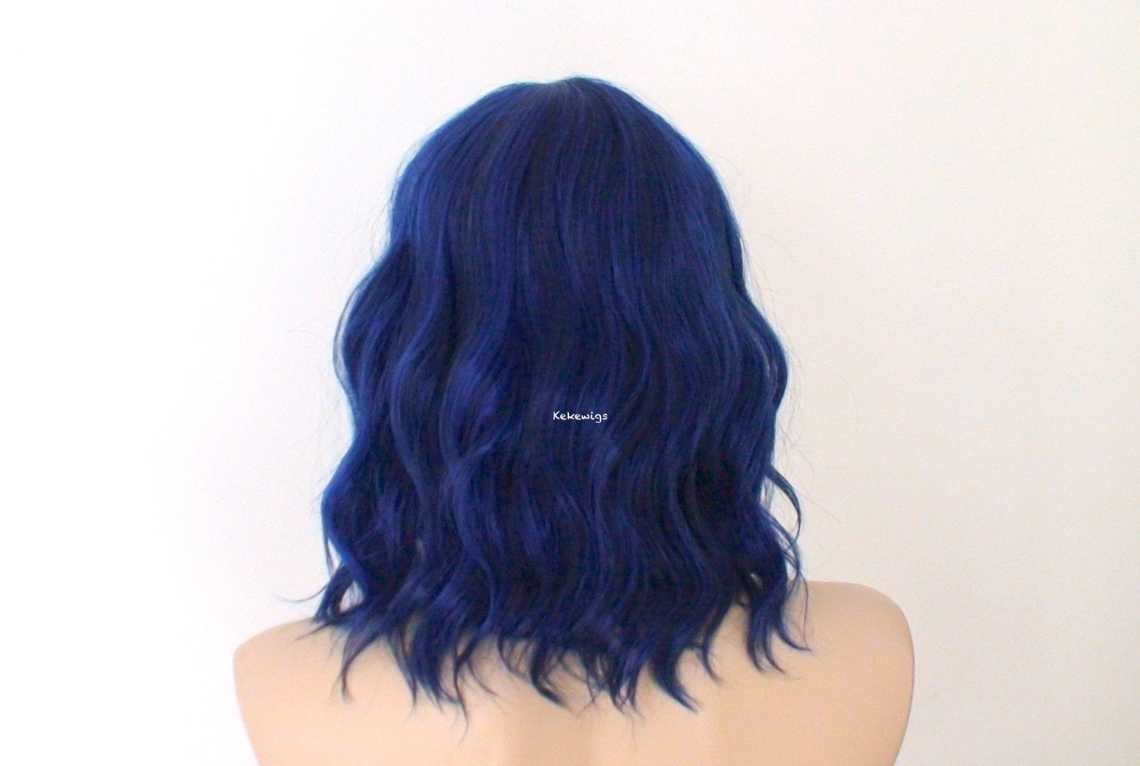 16" Black Blue Short Wavy Hair with Bangs Wig