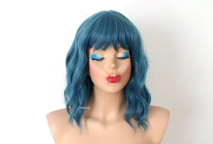 16" Pastel Dark Teal Blue Short Wavy Hairstyle with Bangs Wig