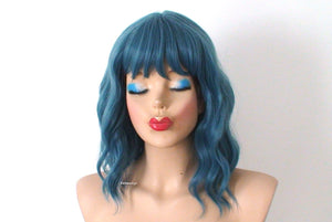 16" Pastel Dark Teal Blue Short Wavy Hairstyle with Bangs Wig