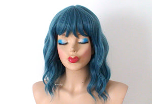 16" Pastel Dark Teal Blue Short Wavy Hairstyle with Bangs Wig