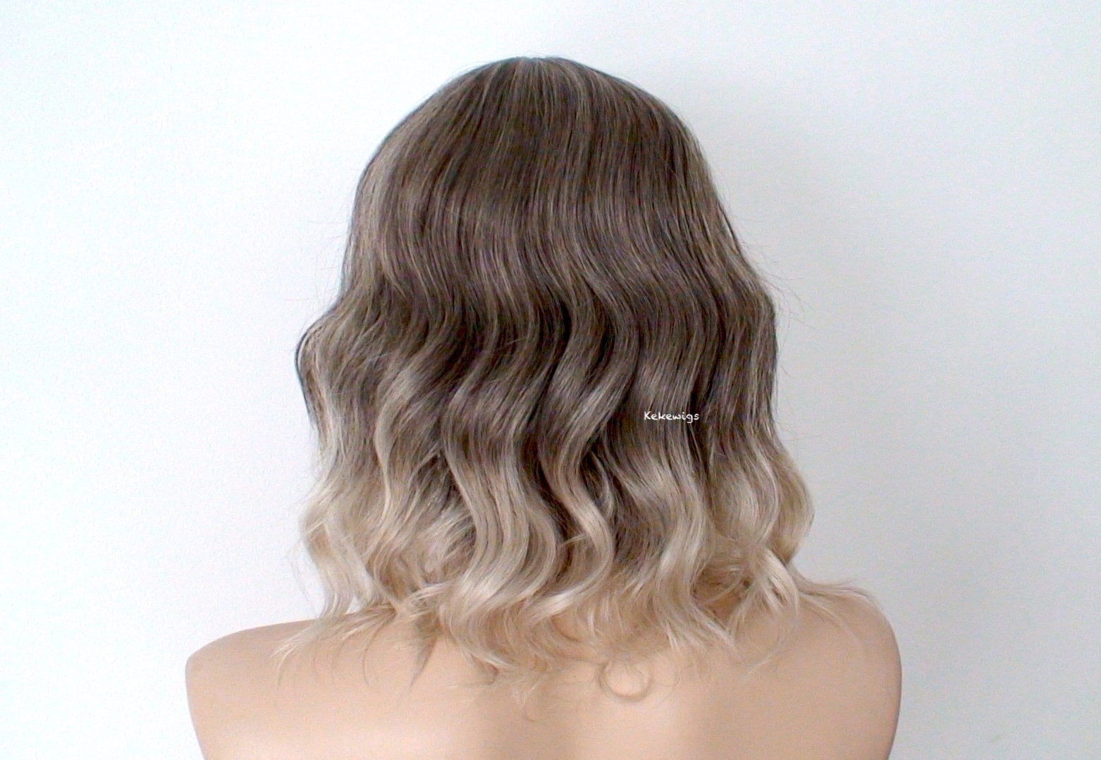 16" Brown Ash Blonde Ombre Short Wavy Hair with Bangs Wig