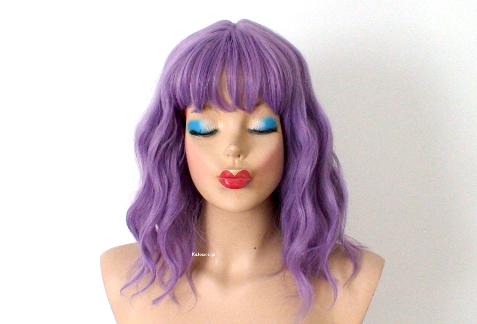 16" Lavender Short Wavy Hair with Bangs Wig