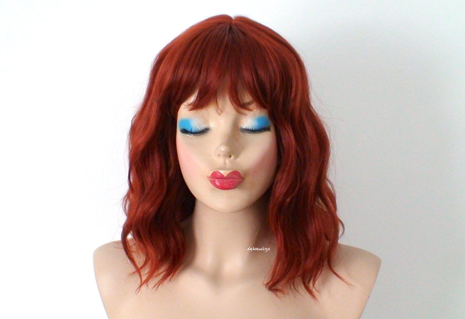 16" Copper Red Short Wavy Hair with Bangs Wig