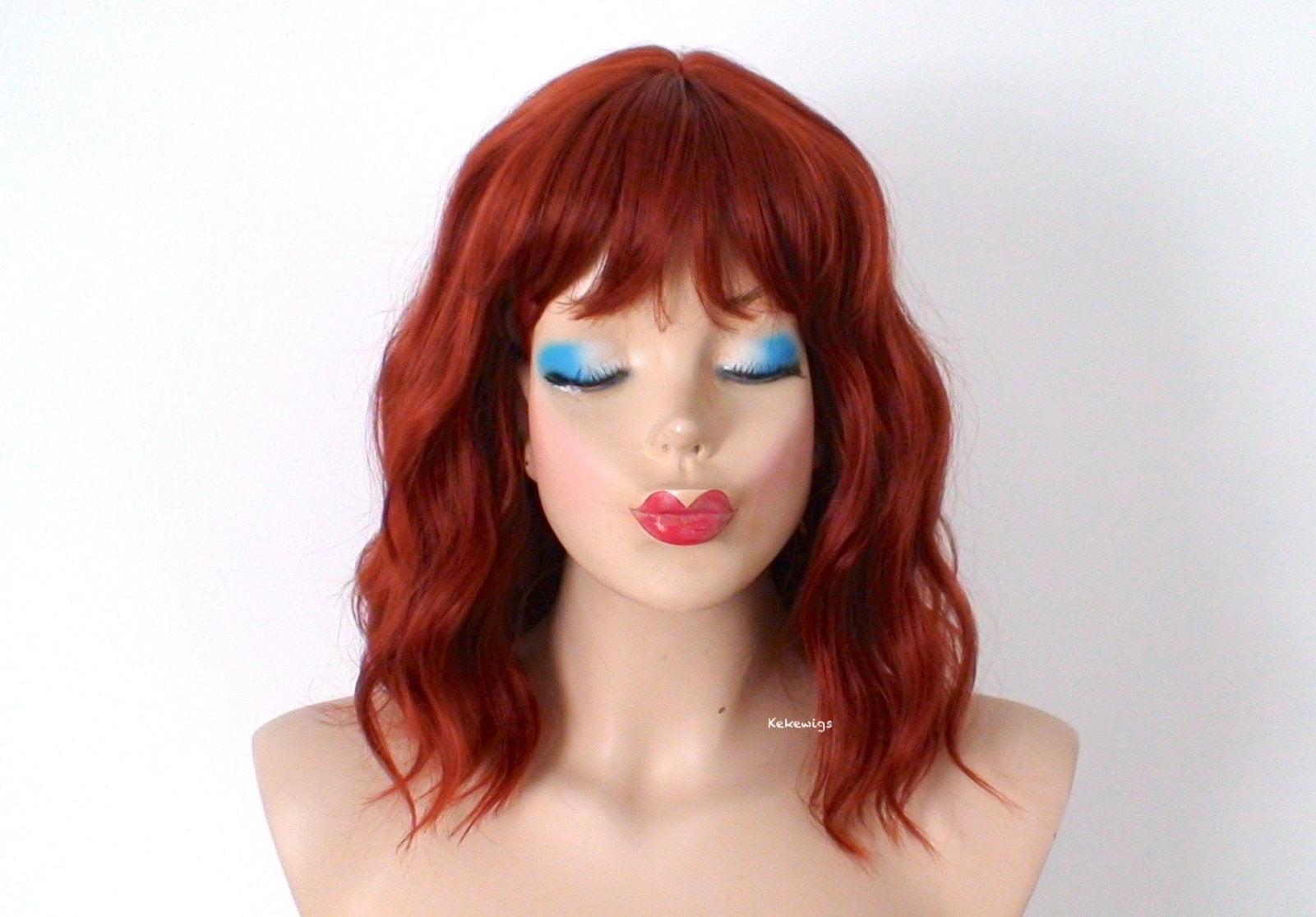 16" Copper Red Short Wavy Hair with Bangs Wig