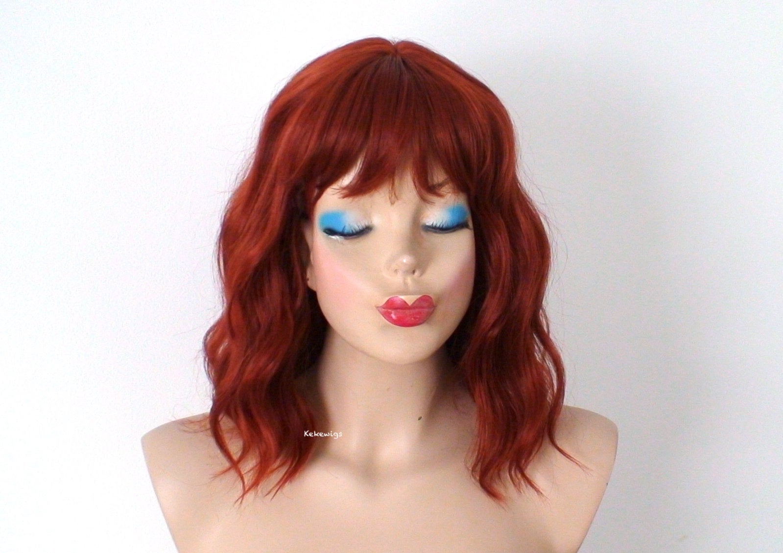 16" Copper Red Short Wavy Hair with Bangs Wig