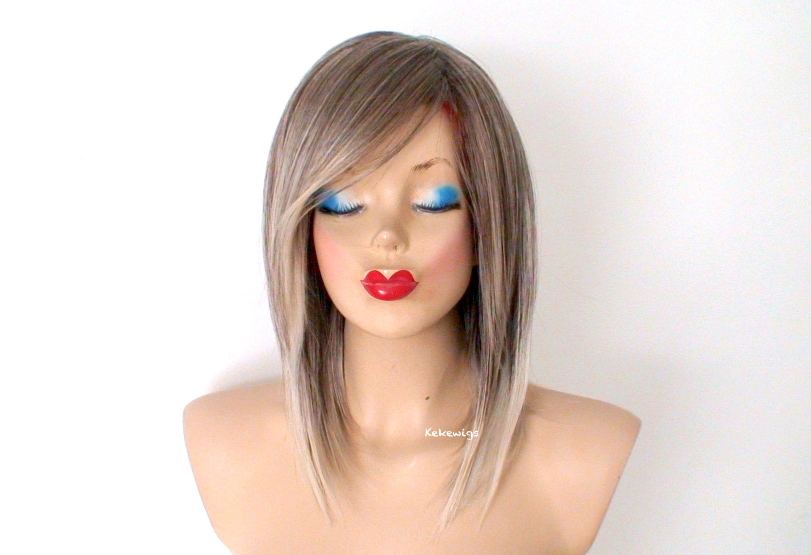 16" Ash Brown Ash Blonde Ombre Short Straight Hair Wig