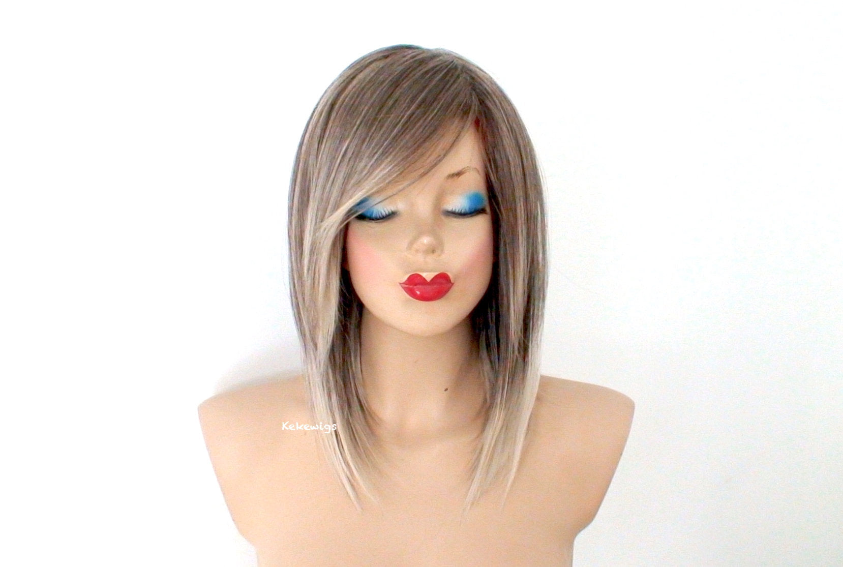 16" Ash Brown Ash Blonde Ombre Short Straight Hair Wig