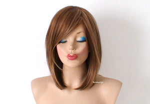 16" Brown Blonde Short Straight Hair Side Bangs Wig