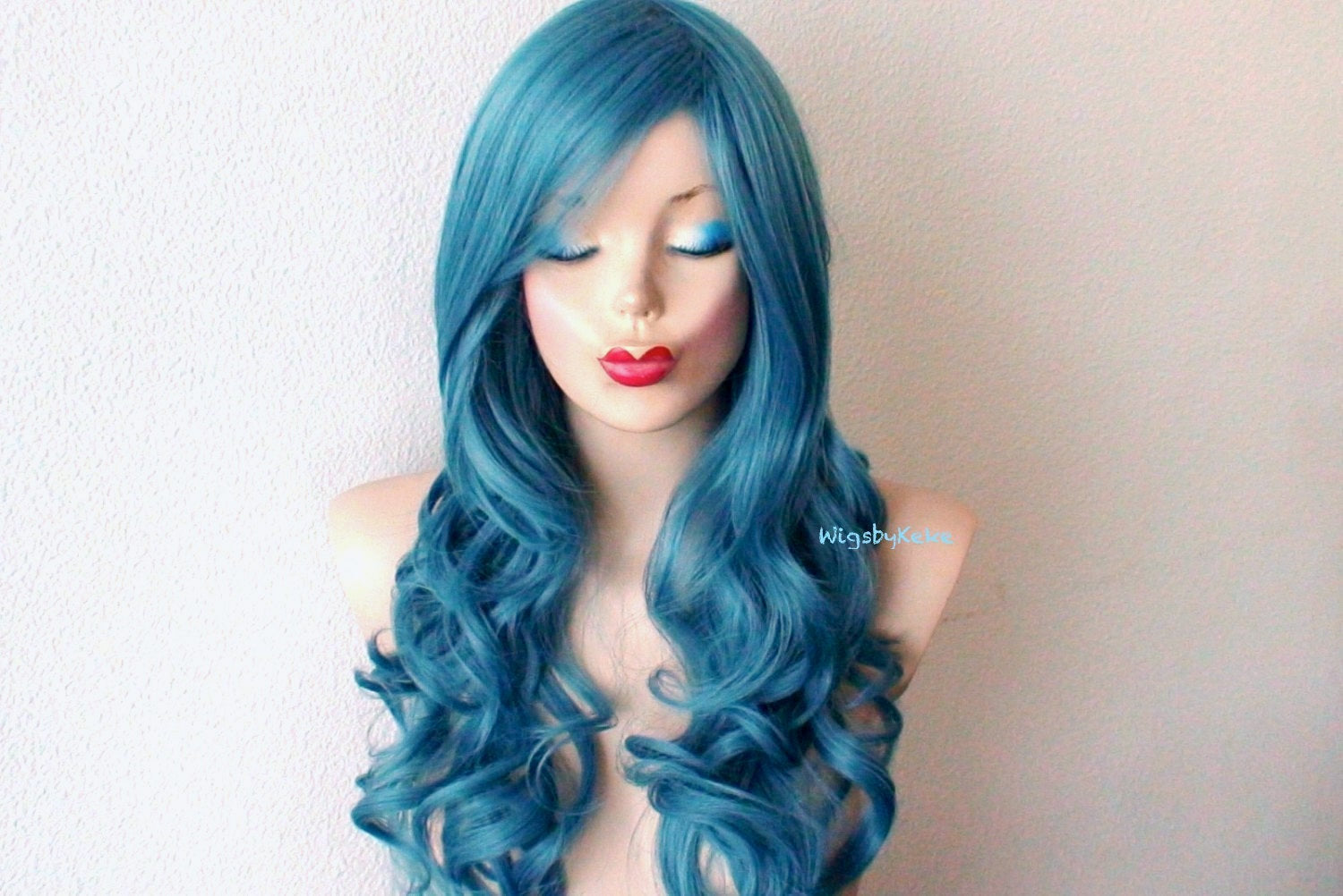 26" Teal Blue Long Curly Hair Long Side Bangs Wig