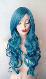 Load image into Gallery viewer, 26&quot; Teal Blue Long Curly Hair Long Side Bangs Wig
