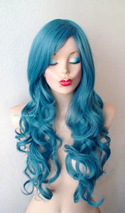 26" Teal Blue Long Curly Hair Long Side Bangs Wig