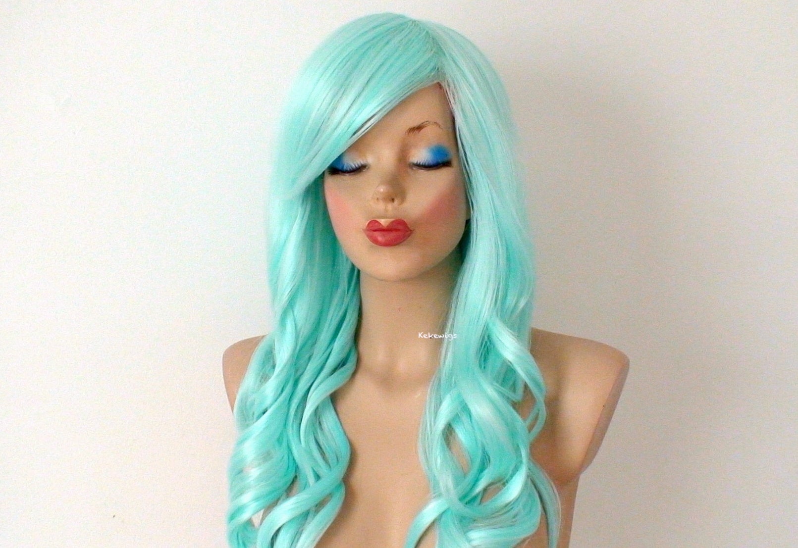 26" Pastel Mint Long Curly Hair Long Side Bangs Wig