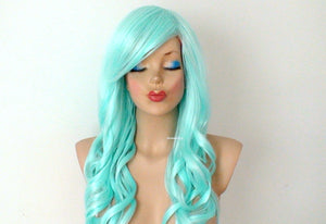 26" Pastel Mint Long Curly Hair Long Side Bangs Wig