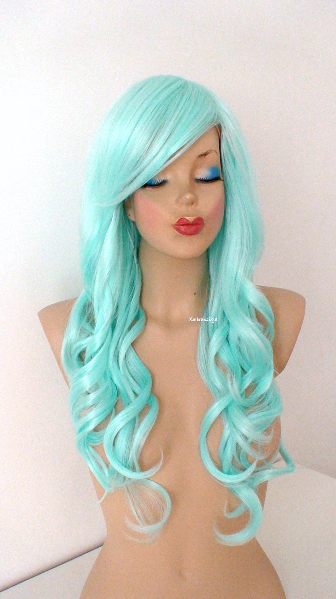 26" Pastel Mint Long Curly Hair Long Side Bangs Wig